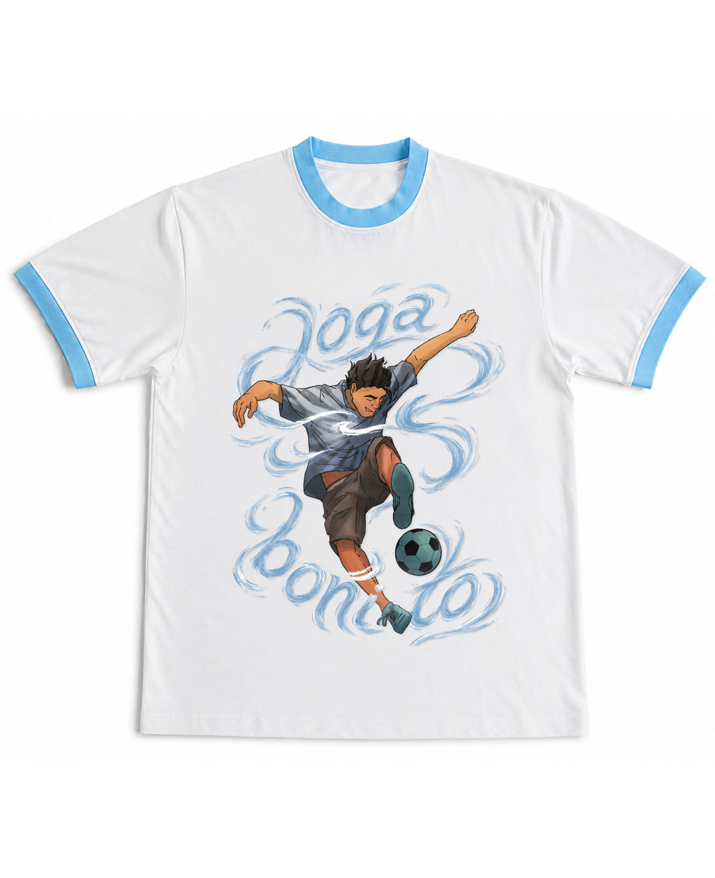 White & Sky Blue Ringer tee Front Design